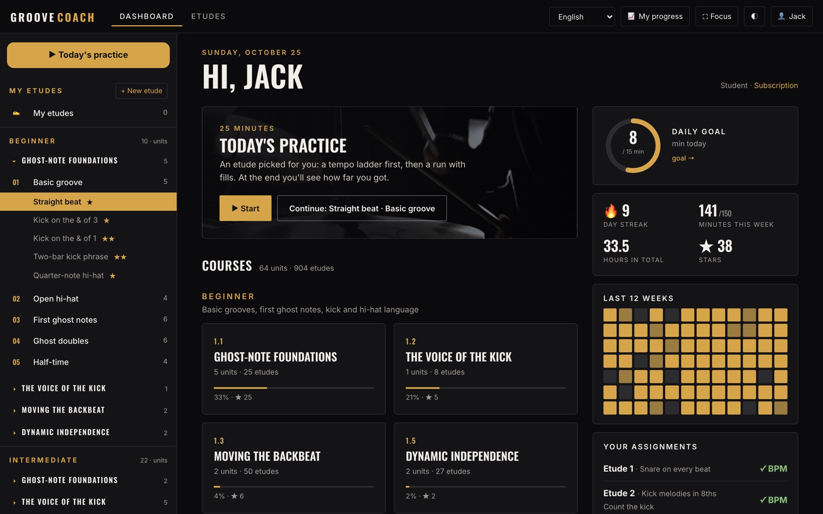 Dashboard with a daily goal ring, a 12-week practice map and course progress