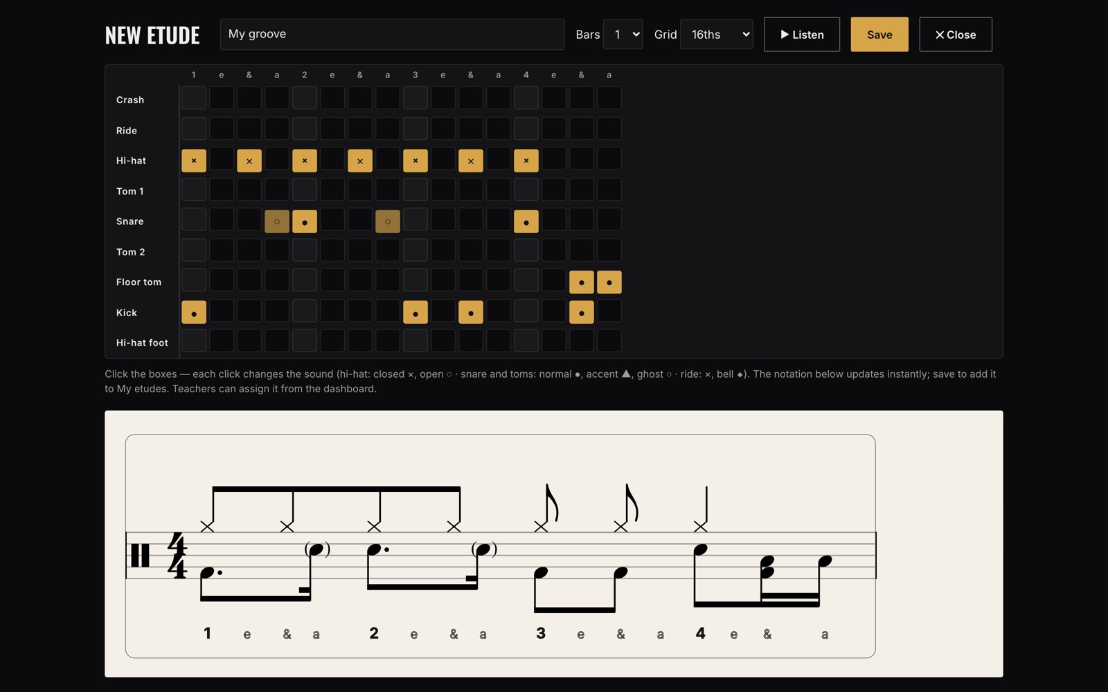 Etude editor: a grid for writing your own drum grooves