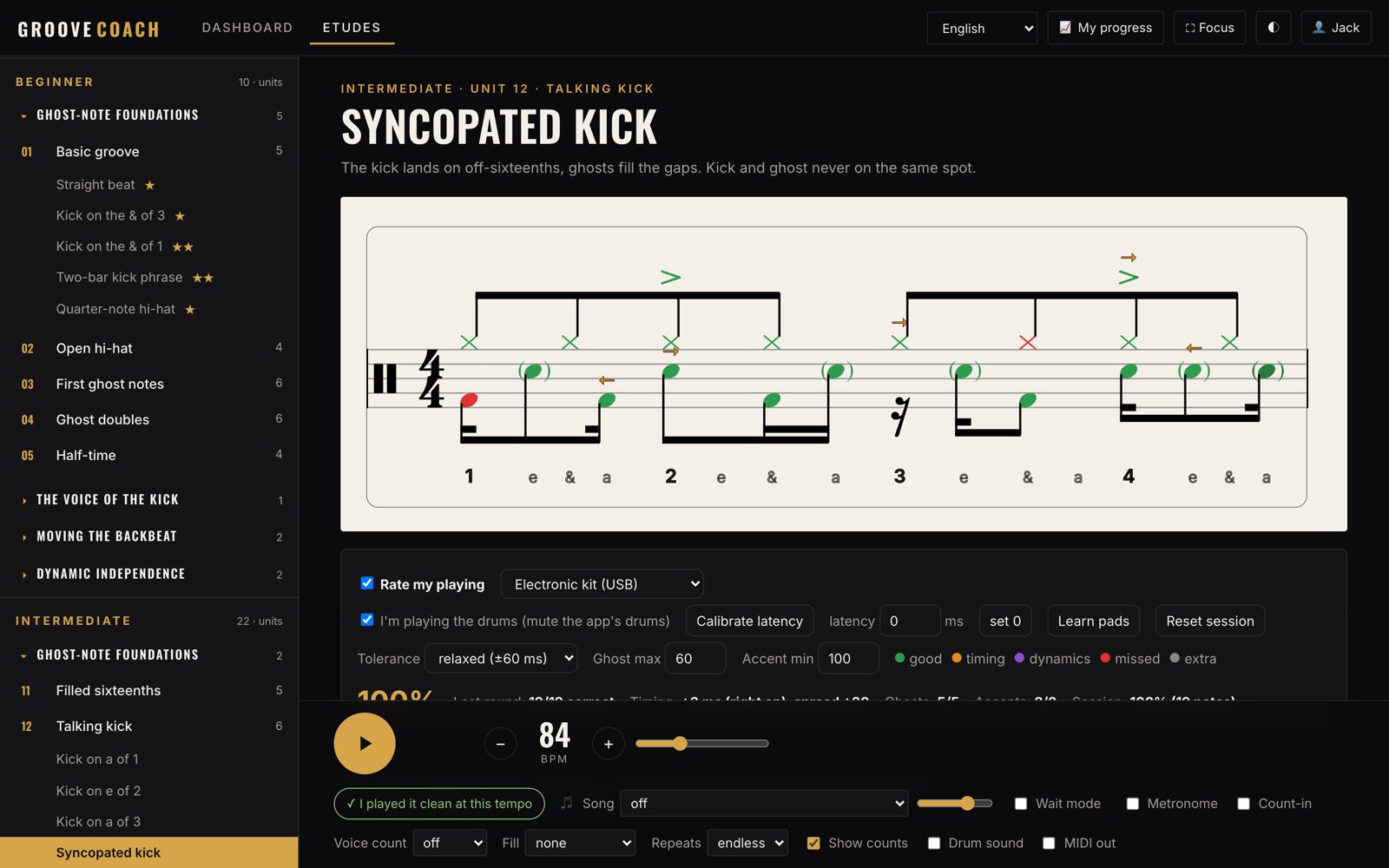 Practice screen: drum notation with notes coloured green, orange and red by timing