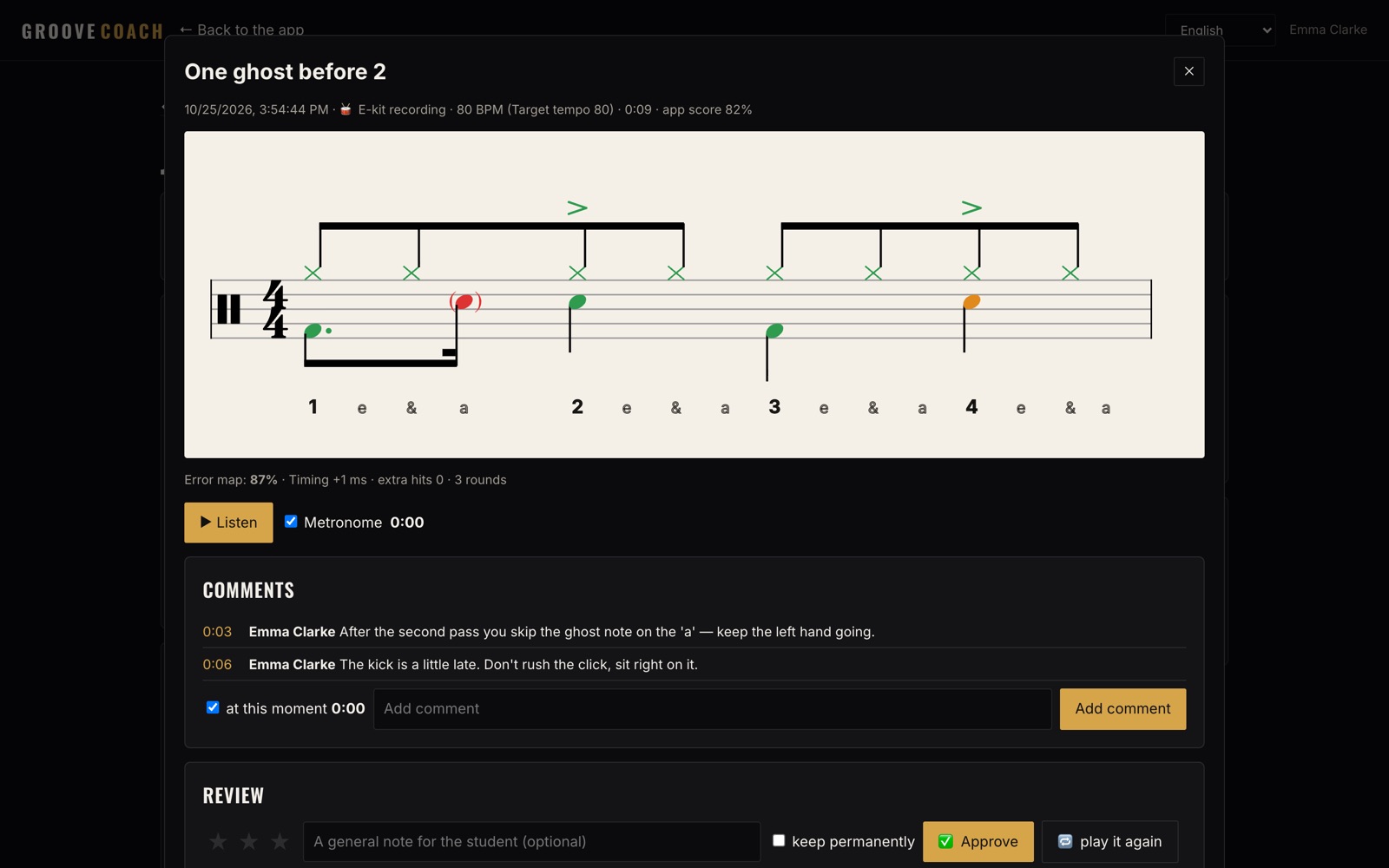 A teacher reviewing a student's recording with timing marks on the notation