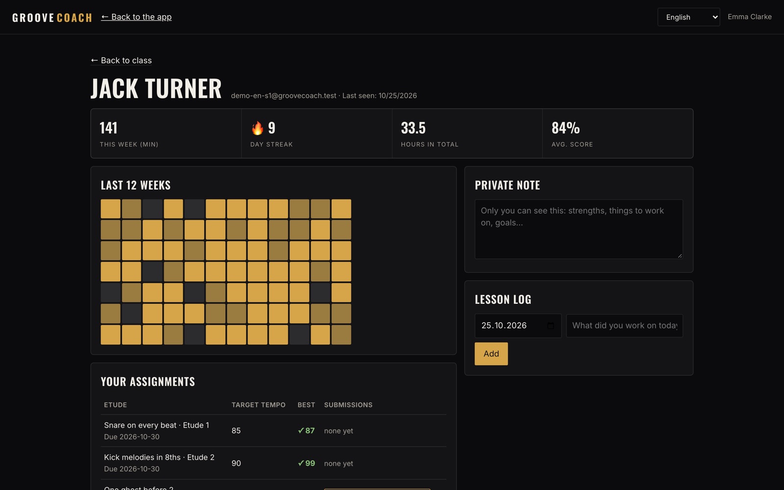 Student page with progress and practice history
