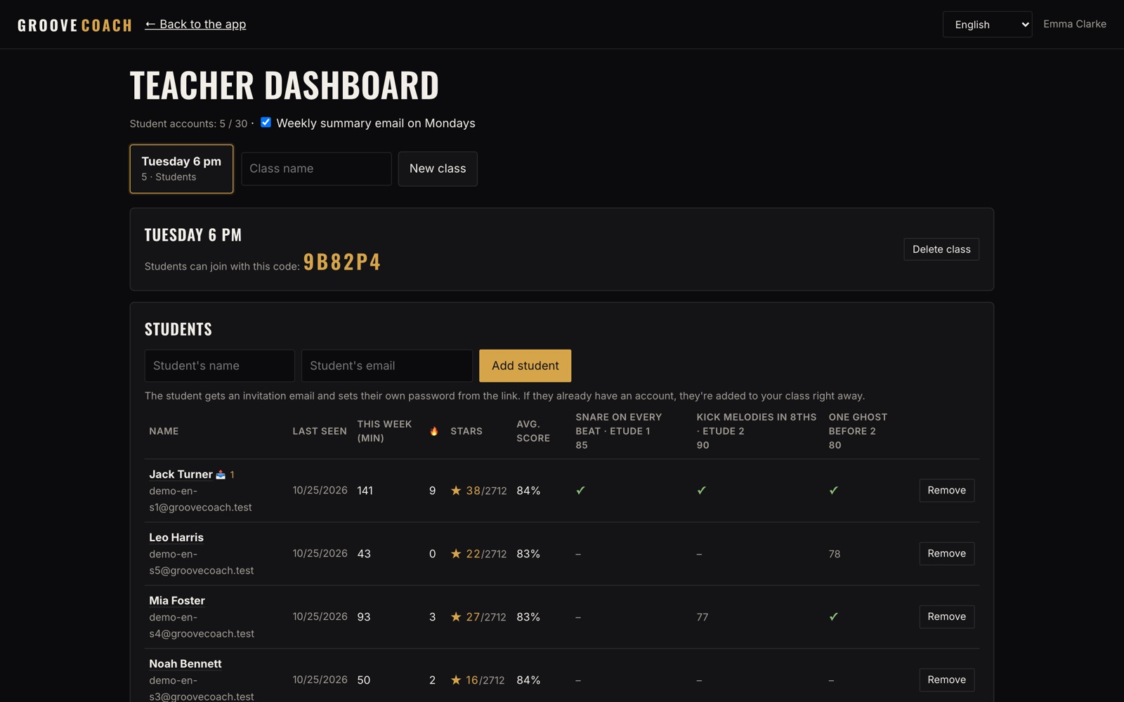 Teacher dashboard with classes, students and assignments