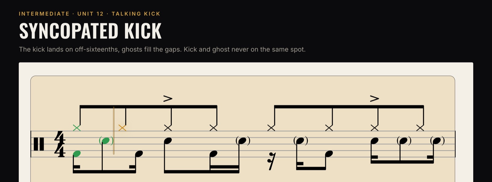 Wait mode: the score pauses on the next note until you hit the right drum